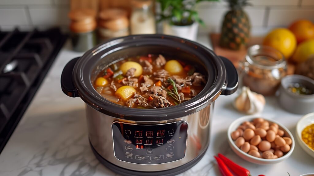 Slow cooker filled with beef, broth and vegetables, and ingredients on counter next to it