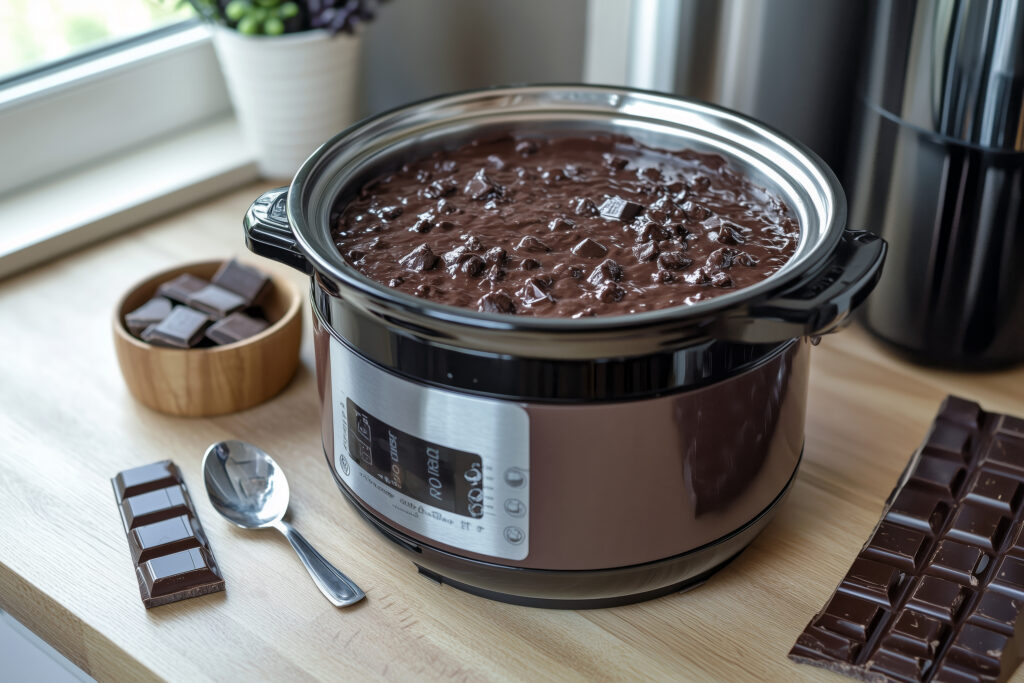 Slow cooker filled with chocolate on counter next to additional chocolate and a spoon
