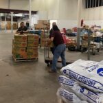 People moving pallets of bananas in a grocery store warehouse