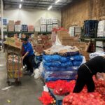 People organizing fruit and vegetables in a grocery store back room