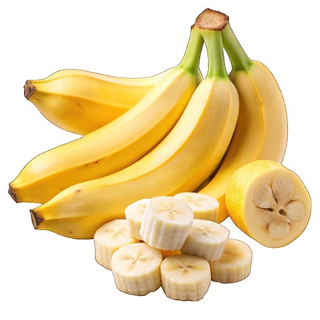 Yellow cavendish banana bunch and sliced bananas