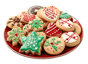Decorated sugar cookies on a red plate
