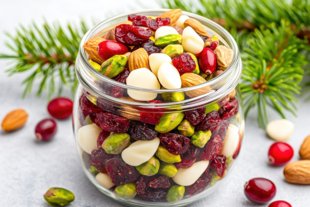 cranberry almond snack mix in a jar by pine boughs